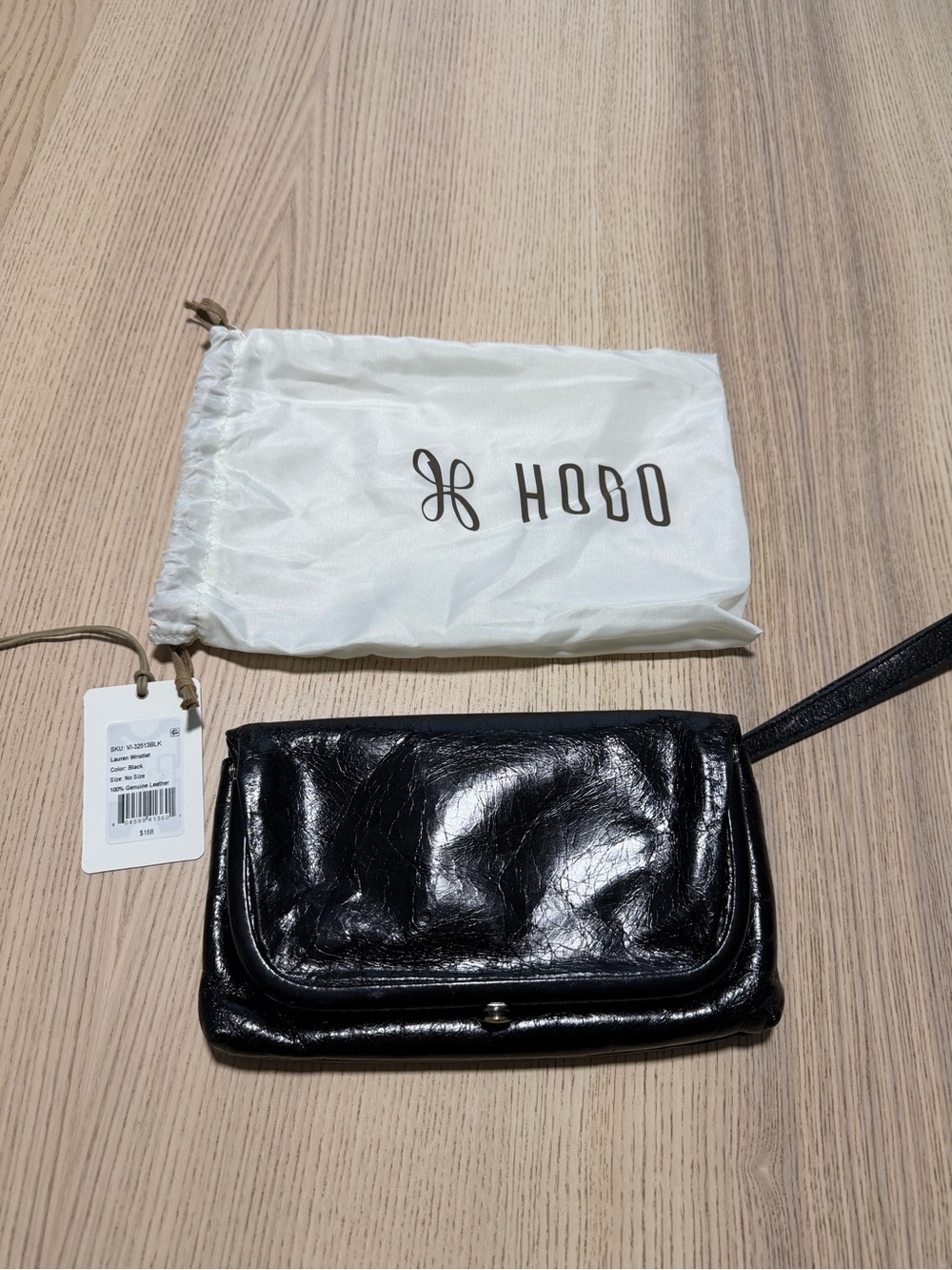 HOBO Lauren Black Polished Leather Wristlet Clutch